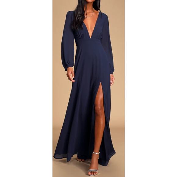 LULU'S S Blue All My Life V-Neck Side Slit Long Puff Sleeve Maxi Dress NEW B102 - Picture 1 of 10